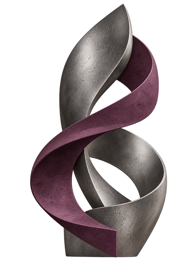 A twisting sculptural ribbon in brushed metal and deep plum, echoing helloNira's blend of craft and strategy.