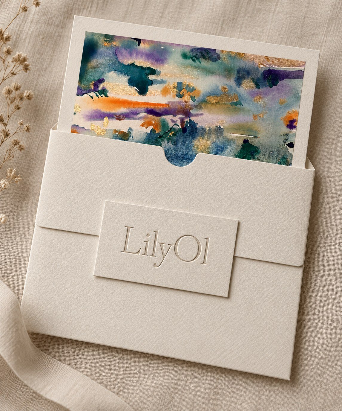 A LilyOl watercolour print packaged in a branded ivory envelope with an embossed logo card.