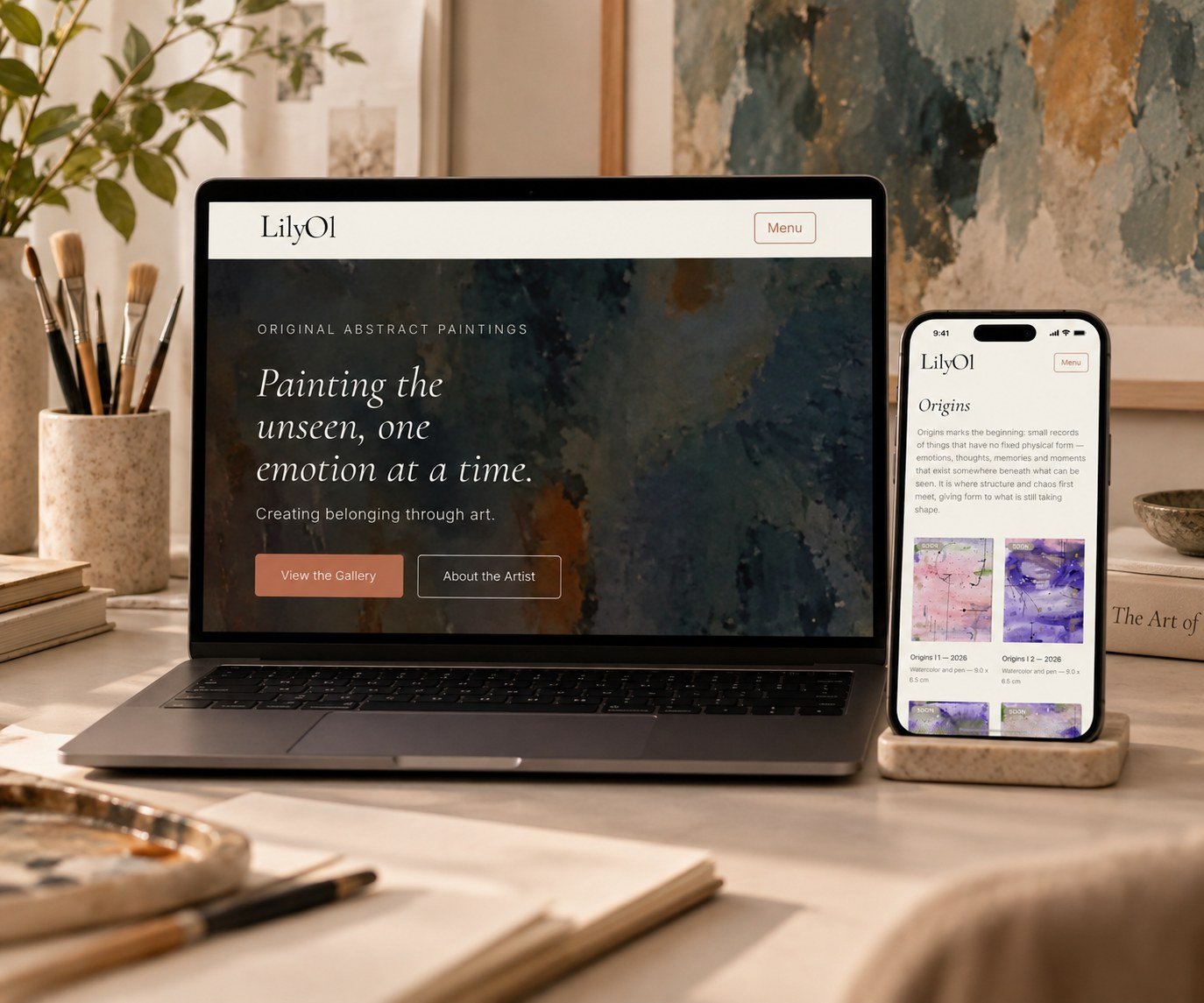 The LilyOl website shown on a laptop and phone, displaying the homepage and gallery.