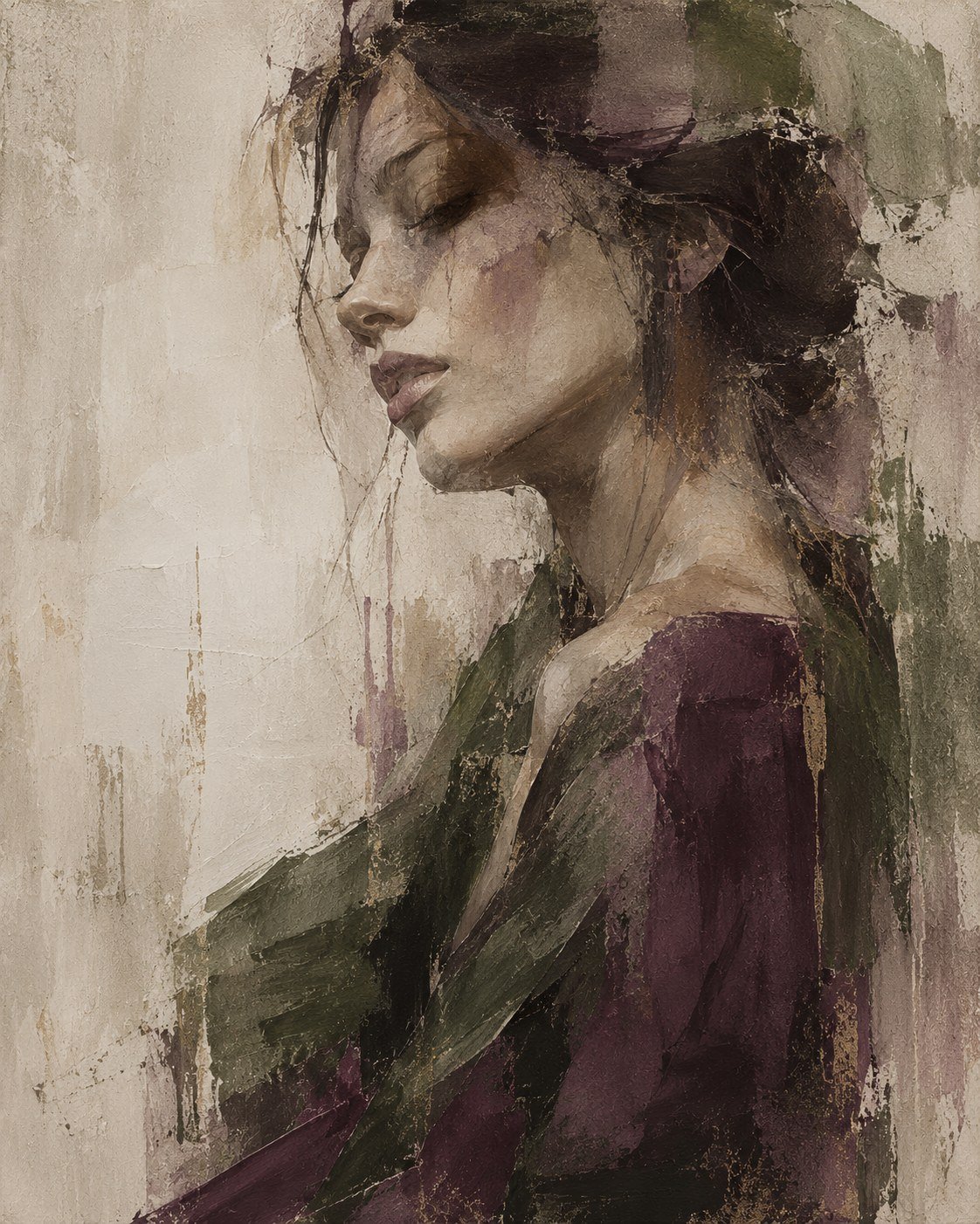 Painterly portrait of a woman in profile, rendered in muted plum, gold and ivory tones with textured brushwork, representing an artist's evolved body of work.